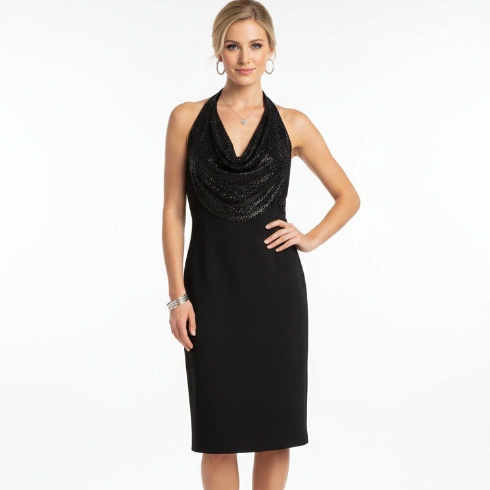 Carmen Marc Valvo Black Strapless Embellished Top Evening Knee Length Dress 4